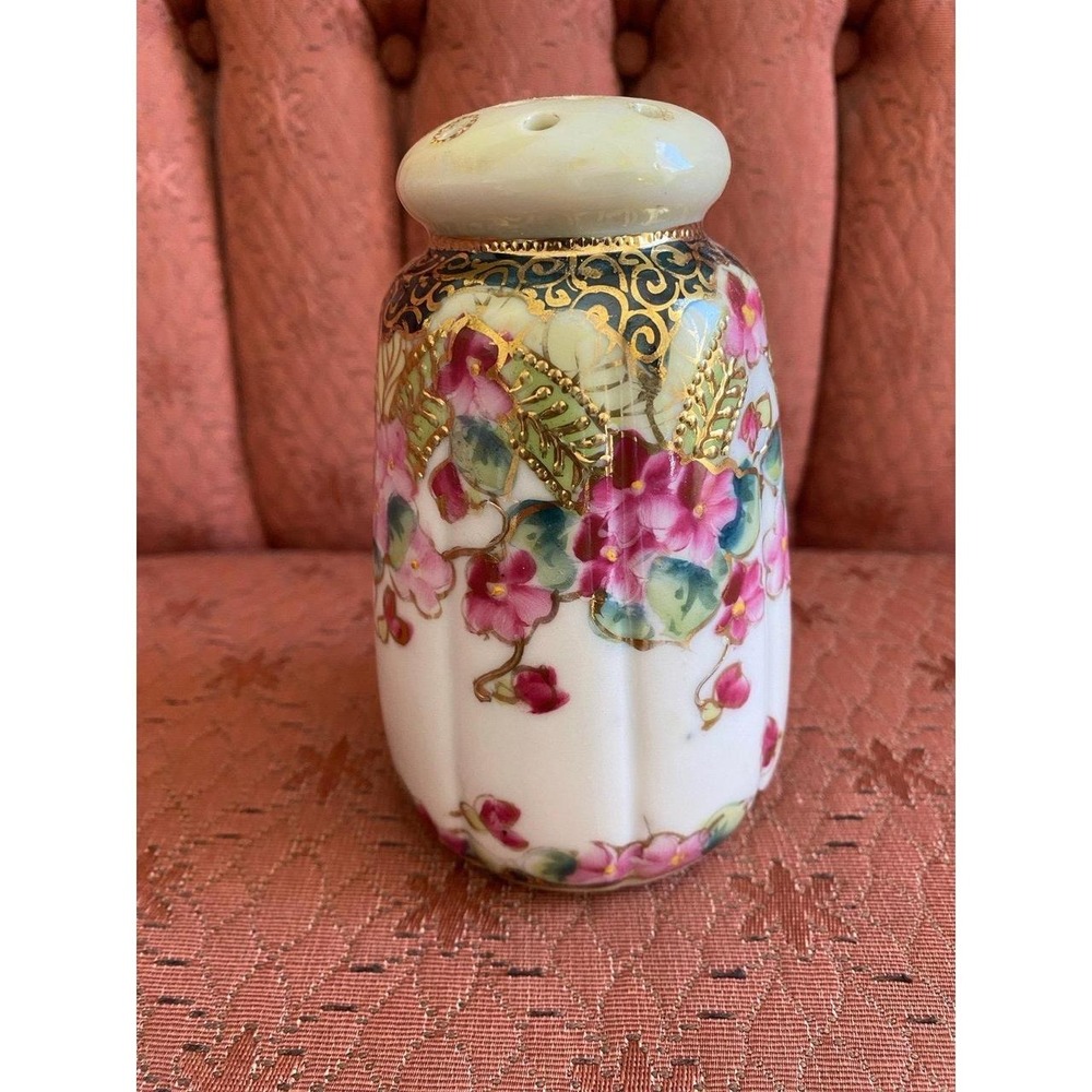 Vintage Sugar Shaker Or Hair Pin Holder Hand Painted Floral Gold Nippon Antique